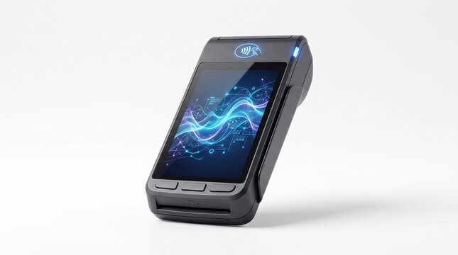 Contactless payment terminal with digital abstract screen on white background