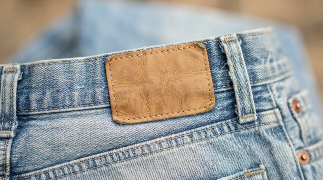 Close-up shot of light blue denim jeans focusing on the empty brown leather waistband patch