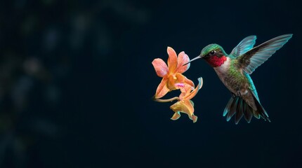Fototapeta premium Hummingbird with vibrant green and red feathers feeding on an orange orchid.