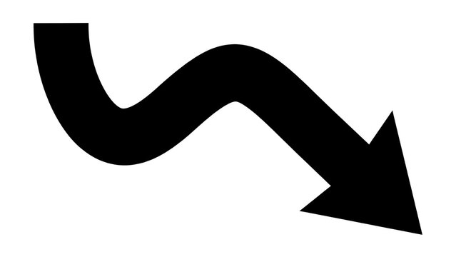 Black downward pointing curved arrow icon with design element direction downward navigation indicator decrease reduction marketing business movement pointing statistics negative