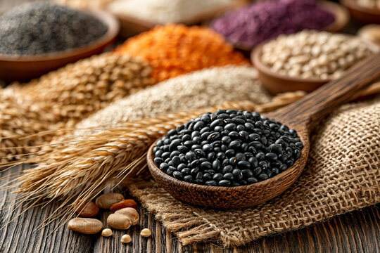 Assortment of grains and legumes including black beans wheat lentils chickpeas in wooden spoons