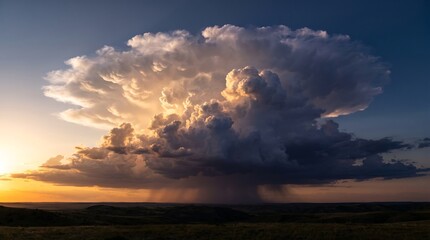 Obraz premium Massive cumulonimbus storm cloud with rain curtains over a vast landscape at sunset cloud formation light rays sky background rain curtain summer storm high altitude