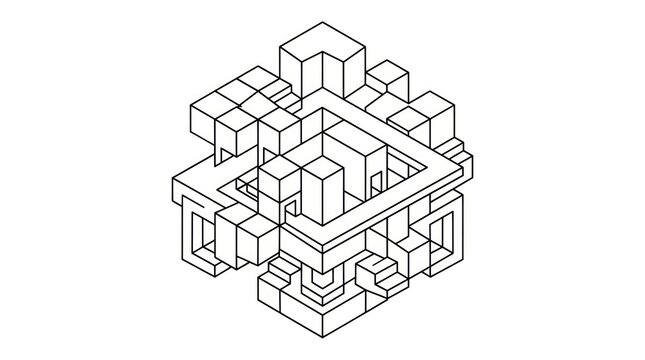 Abstract geometric structure, impossible cube illusion, isometric drawing, optical art, 3D wireframe design, black and white.