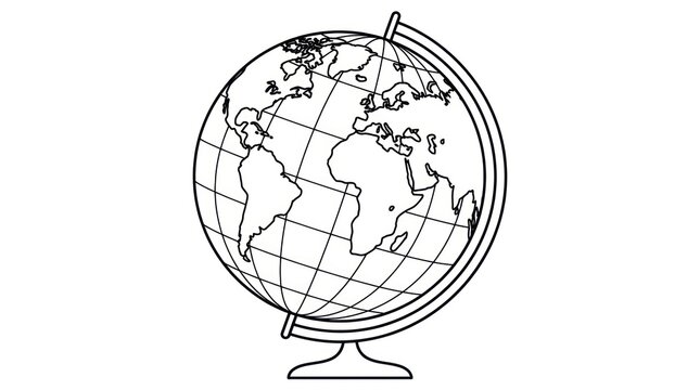 Black and White Outline Illustration of a Globe on a Stand, Showing Continents and Oceans, Perfect for Educational and Design Projects.