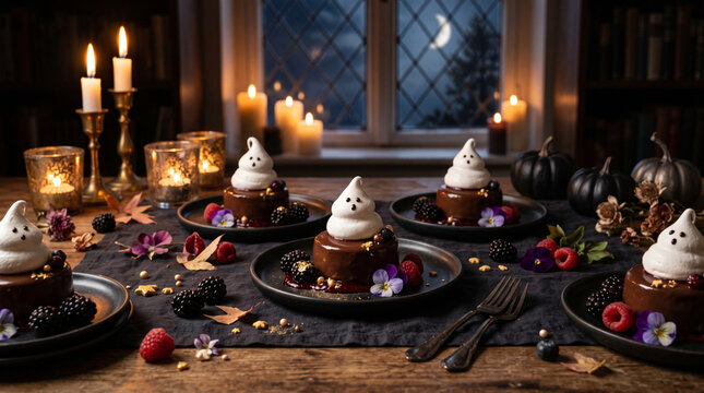 Ghost and chocolate pudding with halloween decorations table setting