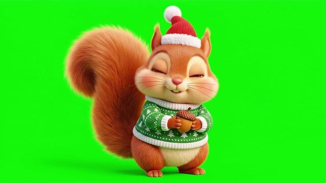 Cute cartoon squirrel wearing a christmas hat and green sweater holding an acorn on green background