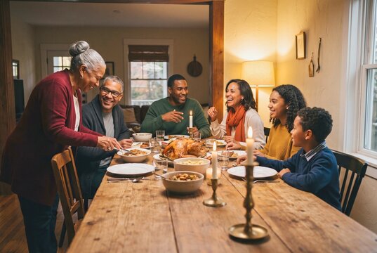 A multi-generational family gathered around a dining table, sharing a meal and laughter. A matriarch carves a turkey while the others watch with smiles, creating a warm and intimate atmosphere.