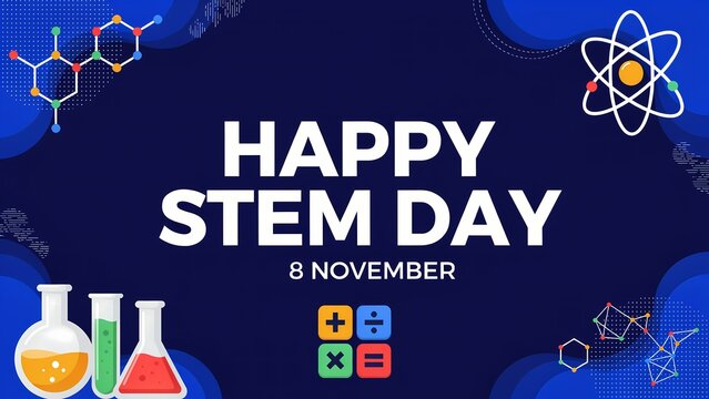 Happy stem day celebration with science and math symbols on a dark blue background