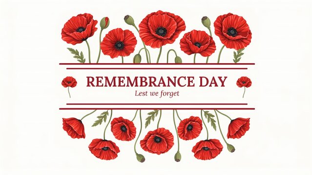 Remembrance day card with red poppy flowers and lest we forget text frame