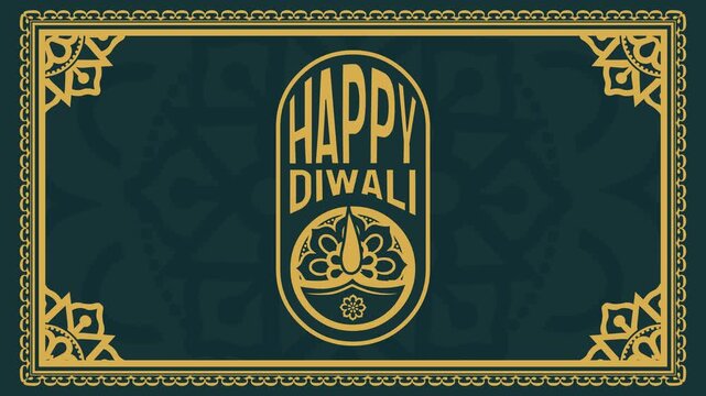 Vintage 4K looping Diwali video animation featuring golden art deco Happy Diwali emblem, diya lamp, corner mandala accents, and ornate frame on dark green background.