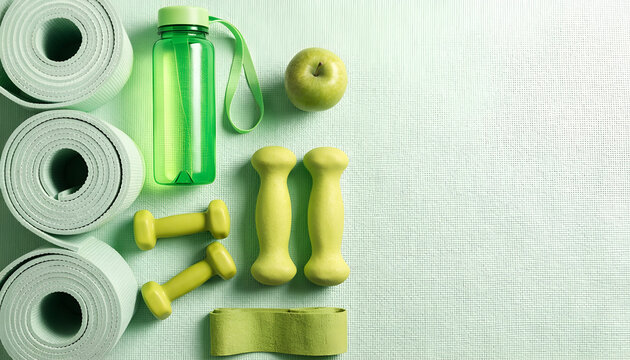 Healthy Lifestyle and Fitness Concept &mdash; Green Dumbbells, Water Bottle, Yoga Mats and Fresh Apple