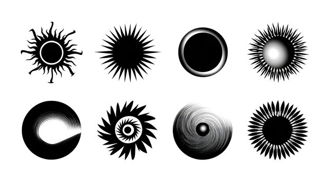 Set of black and white sun and celestial graphic design elements with celestial elements abstract collection