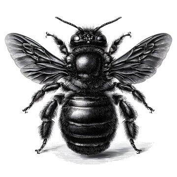 Detailed black and white illustration of a fuzzy bee with intricate wings and segmented body