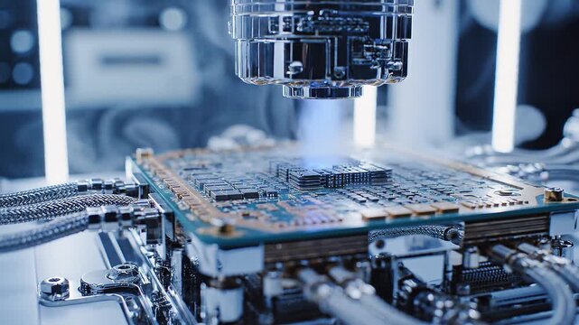 Extreme macro cinematic camera push-in on a quantum processor chip cooled within a laboratory cryogenic apparatus.