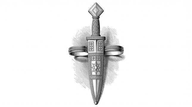 Ornate medieval dagger featuring intricate carved patterns and metallic details in vintage engraving style