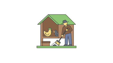 Minimalist of Farmer Feeding Chickens in a Cozy Brown Chicken Coop with Green Roof with high quality professional line art symbols for modern creative design and digital branding projects © momoyo