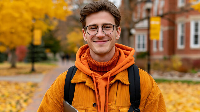 Young man in glasses wearing an orange hooded jacket on a college campus in autumn with one person