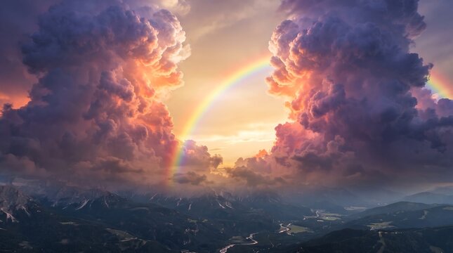 Dramatic sunset with a rainbow between massive storm clouds over a dark landscape golden light golden hour sun set blue sky after rain mountains landscape atmosphere