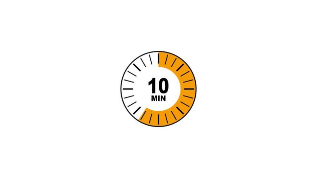 A simple black and white circular timer indicating ten minutes with an orange highlighted segment on a clean white background representing elapsed time or a countdown. Keywords: timer, clock, time