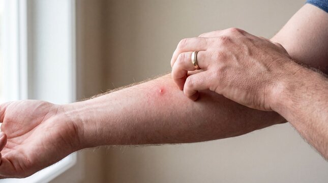 Close-Up of Hand Scratching Insect Bite on Forearm