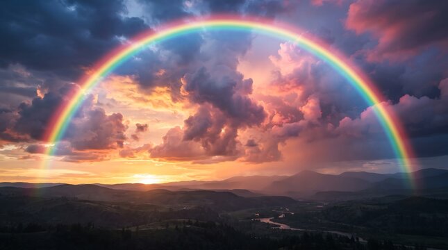 Full rainbow stretching across a dramatic sunset sky over a dark valley with after the rain golden hour weather conditions nature photography colorful sky dark landscape