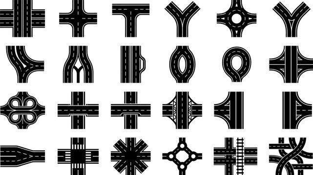 Road junction and highway interchange icons set, top view