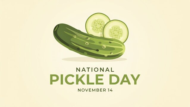National pickle day celebration graphic with a fresh green cucumber and sliced pickles illustration