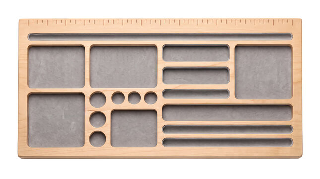 Wooden crafting template with various cutout shapes and measurement markings transparent background