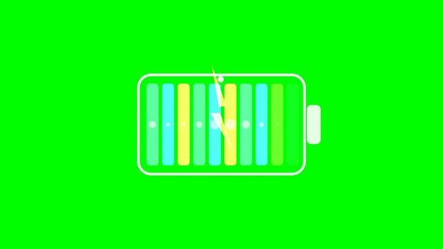 Colorful battery charging animation icon with lightning bolt indicator isolated on chroma key green screen background