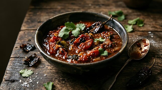 A bowl of hot spicy chili con carne with fresh cilantro served on a rustic dark wooden table top. chipotle salsa bowl