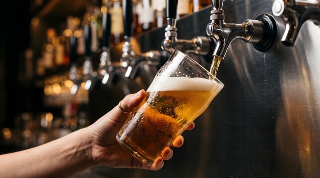 Bartender pouring fresh draft beer into a cold glass from a chrome tap in a dimly lit pub for hospitality, nightlife service and craft brewery beverage marketing.