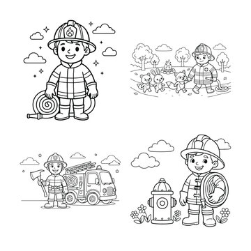 Cute firefighter and community helper coloring page vector illustration with fire truck and forest animals