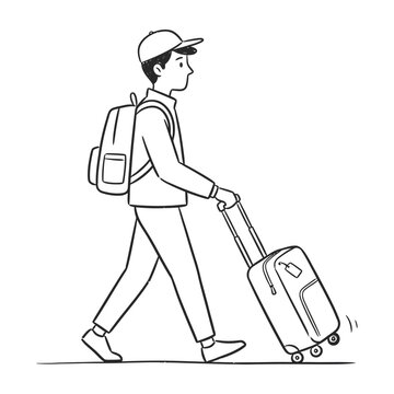 Traveler walking with suitcase and backpack ready for journey adventure trip