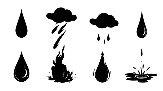 Collection of black silhouette rain drops clouds and stormy weather elements with water drops