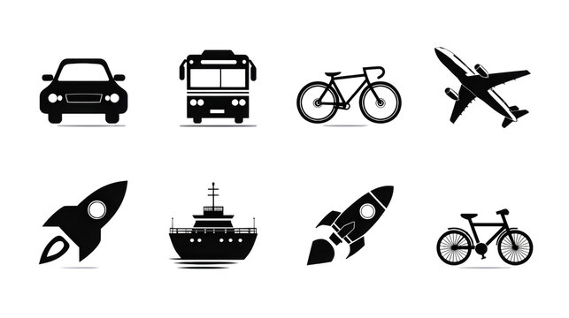 Set of black and white transportation and travel icons including car bus bicycle airplane rocket and ship