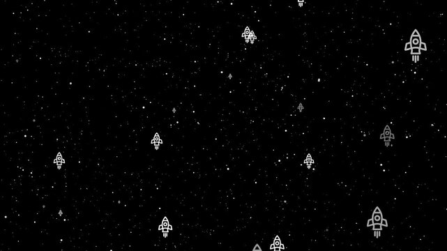 A vast dark expanse of outer space is filled with numerous small white rocket ship scattered across the frame with many tiny white dots representing distant stars and nebulae creating a cosmic