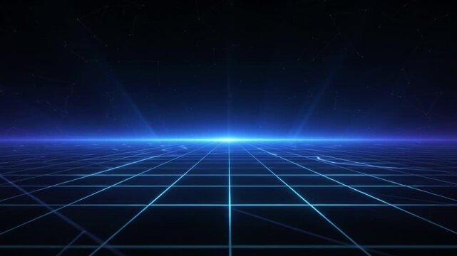 Futuristic digital grid perspective horizon background with glowing blue light