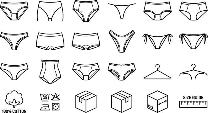 Set of various womens underwear icons, including different styles of panties, hangers, cotton material, and shipping packaging symbols