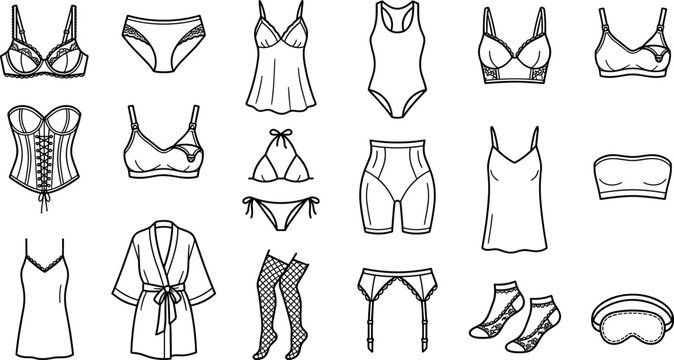 Set of various womens lingerie and underwear icons, including bras, panties, robes, and accessories in a simple line art style