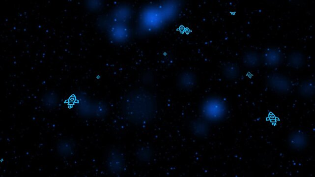 A dark cosmic background is illuminated by soft blue glowing nebulas and scattered tiny white stars with multiple small cyan rocket ship floating in the vast expanse suggesting a journey through space