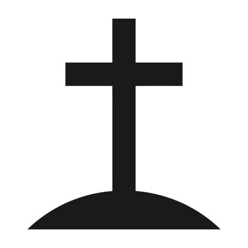 Simple black icon of a grave mound with a cross on white background, cemetery symbol
