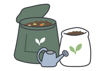Compost bin and bag of soil illustration for gardening and eco-friendly waste recycling. © tanakashi