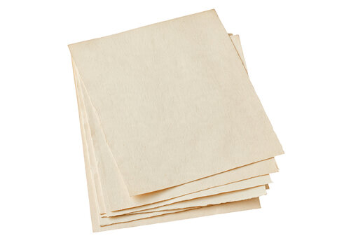 A stack of vintage textured paper sheets with deckled edges isolated on transparent background