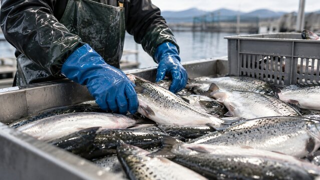Worker in protective gloves handling fish at a seafood processing line. Fresh fish sorting and preparation. Commercial food production and processing. Seafood industry and quality control.