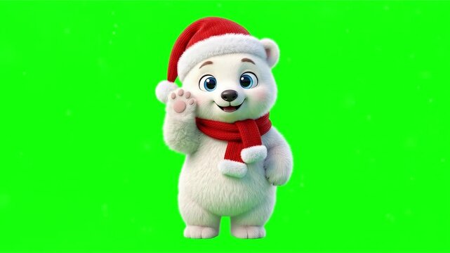 Animated cute polar bear cub wearing a christmas hat and scarf waving on a green screen background