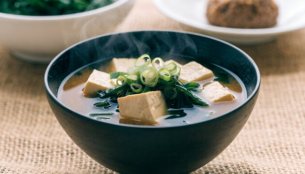 Hot traditional Japanese miso soup with tofu and green onions in a black bowl on a rustic mat.