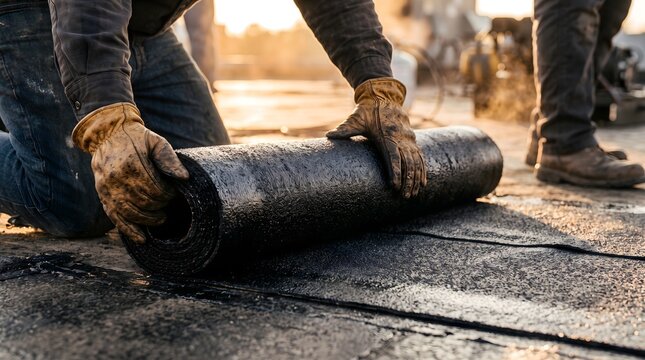 Professional contractor unrolling black bitumen roofing felt on a flat roof during sunset for industrial construction and home improvement waterproofing services.
