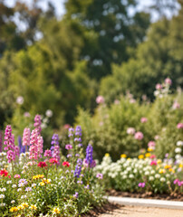 Fototapeta premium Colorful Spring Flower Garden with Greenery and Soft Bokeh Background