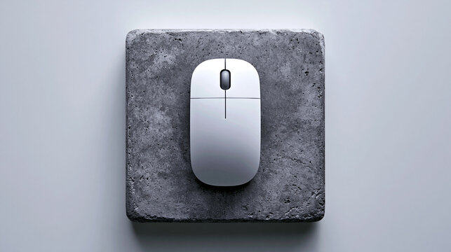 Sleek white computer mouse resting on a textured grey concrete tile under soft studio lighting