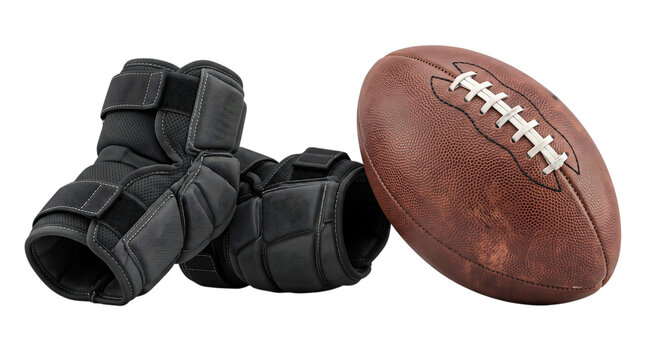American football ball and pair of protective black elbow pads for sports training isolated on black background